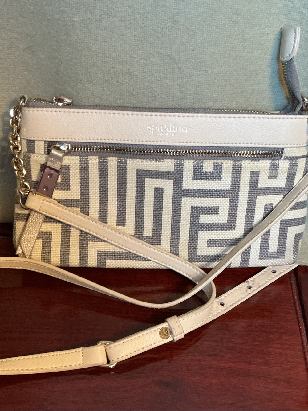 Spartina 449 Neutral Geometric Beige & Gray Crossbody with Chain Strap